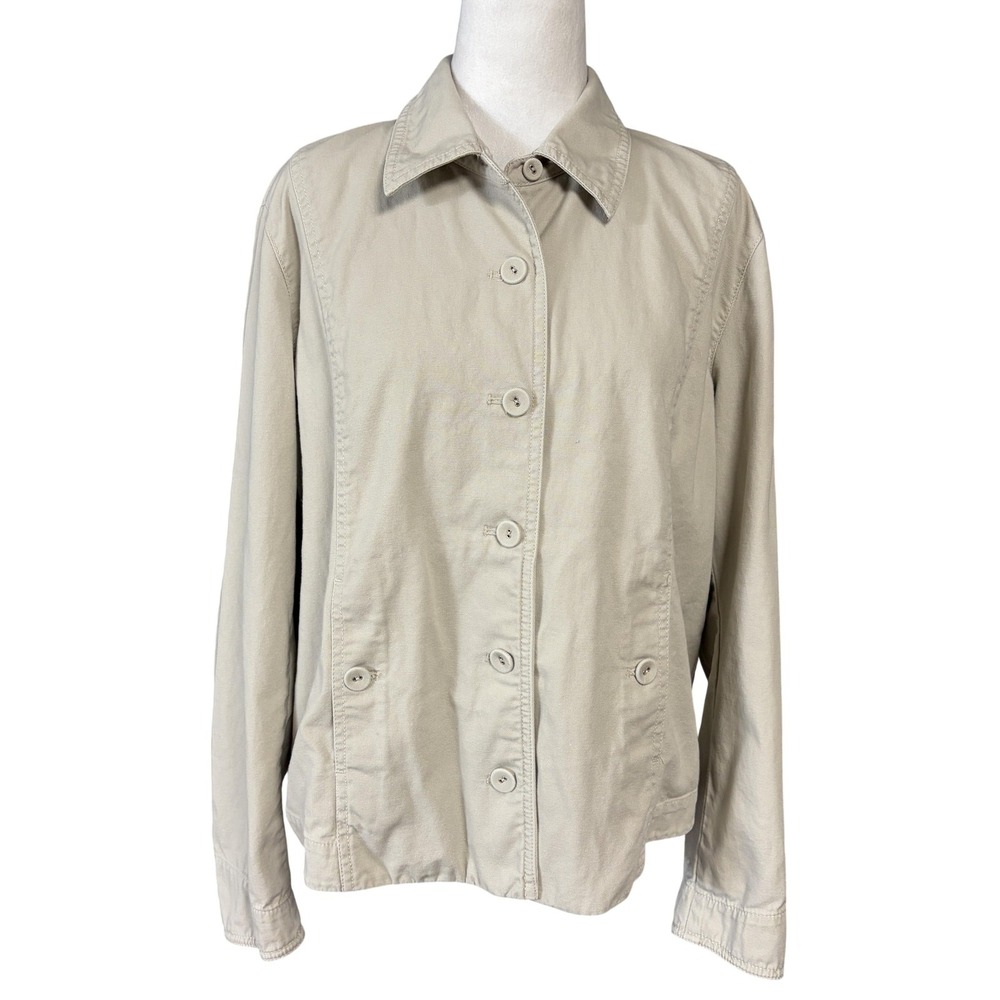 Eileen Fisher Jacket Womens Medium Beige Organic Cotton Canvas Button Front